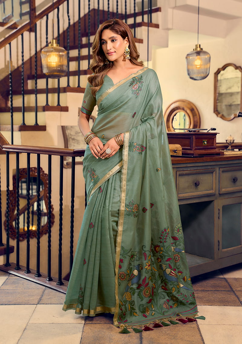 Monjolika Fashion Sage Green Cotton Blend Saree With Litchi Work & Tassels | Grocsy