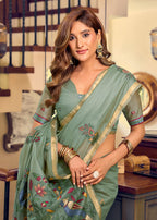Monjolika Fashion Sage Green Cotton Blend Saree With Litchi Work & Tassels | Grocsy