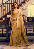 Monjolika Fashion Beige Cotton Blend Saree With Litchi Work & Tassels | Grocsy