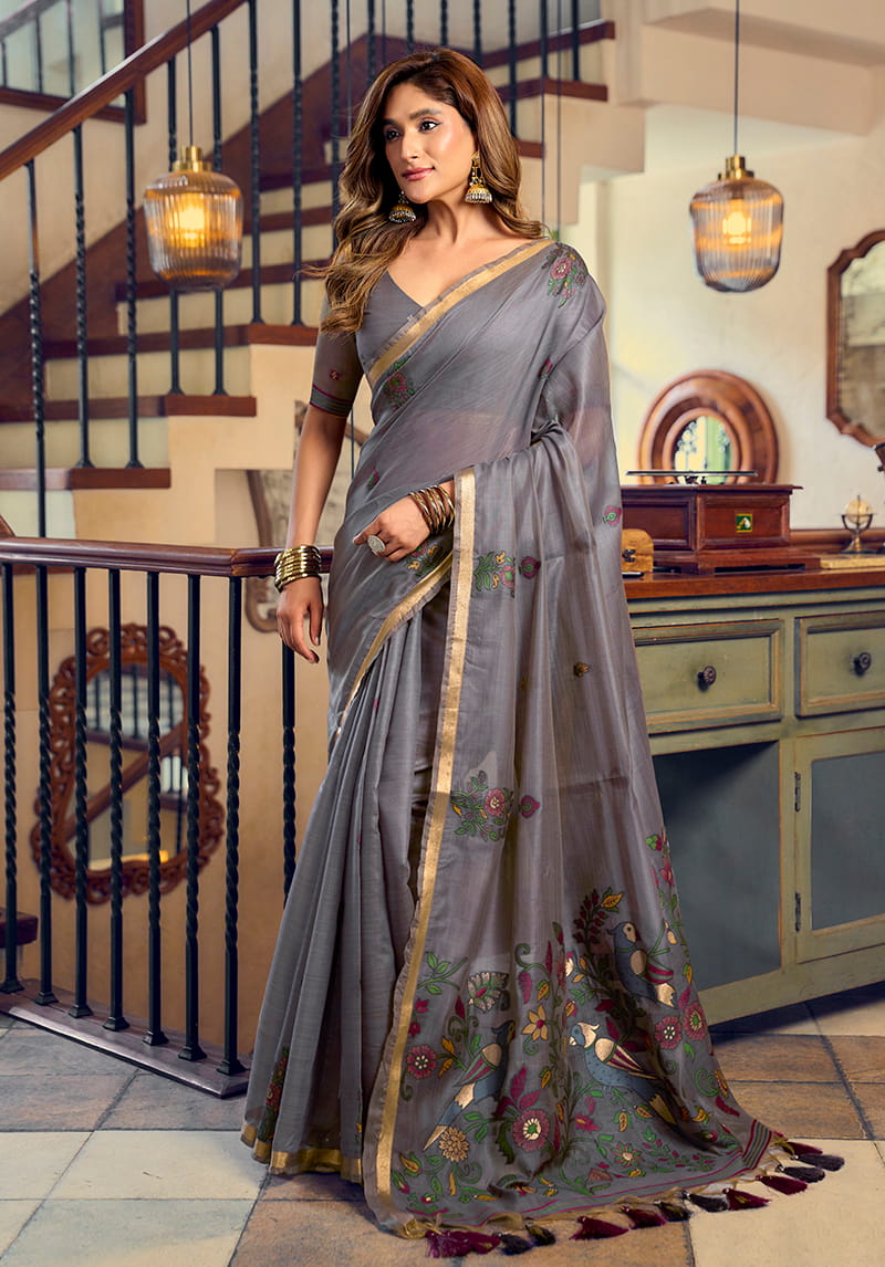 Monjolika Fashion Dark Grey Cotton Blend Saree With Litchi Work & Tassels | Grocsy