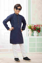 Raivat Ethnic Art Silk Embroidery Work Kids Kurta Pajama In Blue Colour | Grocsy