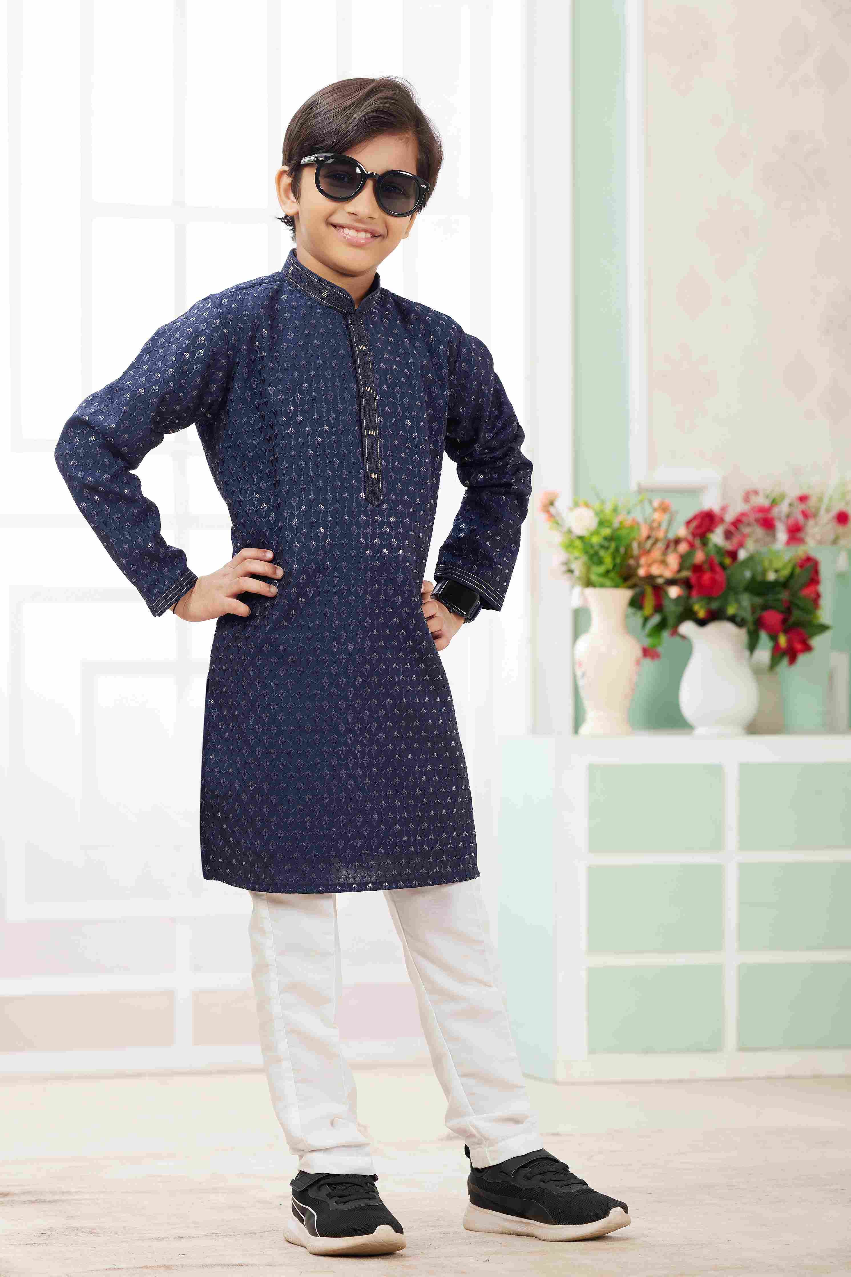 Raivat Ethnic Art Silk Embroidery Work Kids Kurta Pajama In Blue Colour | Grocsy