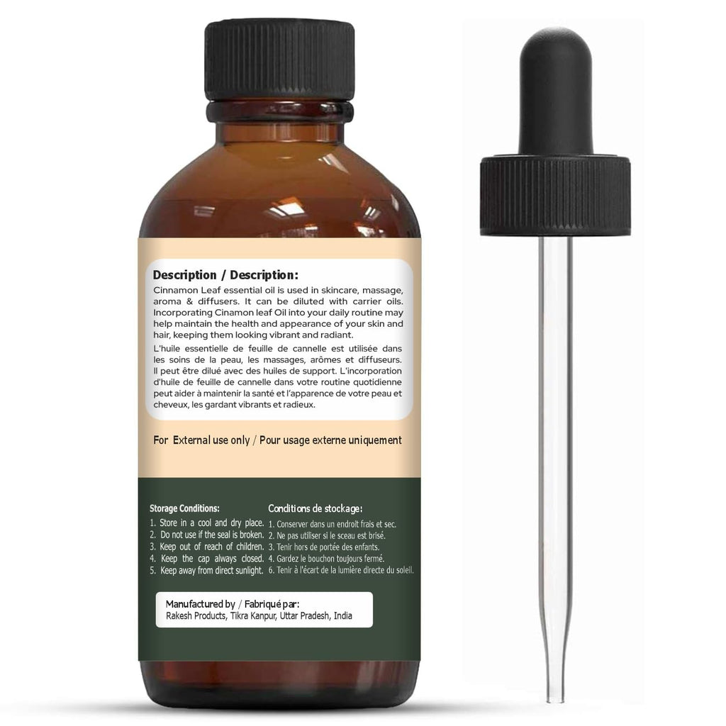 Organic Zing Cinnamon Leaf (Cinnamomum verum) Oil | Pure & Natural Essential Oil for Skincare, Massage, Aroma & Diffuser | Grocsy