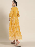 Juniper Women's Yellow Floral Printed Georgette Maxi Dress With Beads Kantha Work & Sequins At Neckline | Grocsy