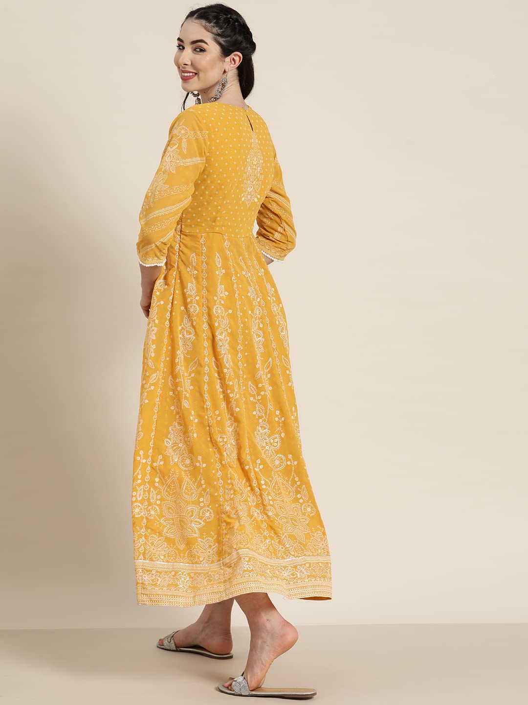 Juniper Women's Yellow Floral Printed Georgette Maxi Dress With Beads Kantha Work & Sequins At Neckline | Grocsy