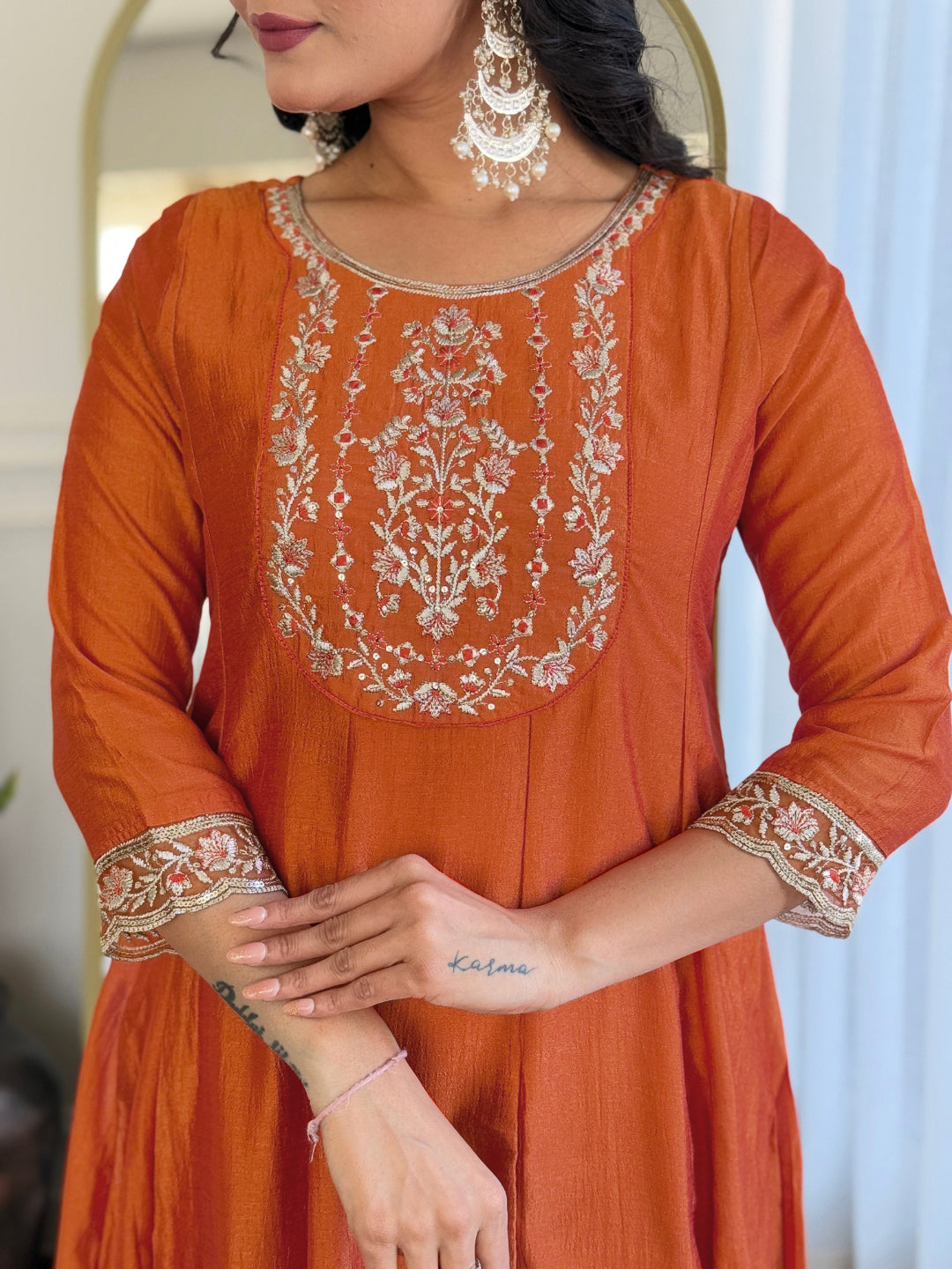 The52 Embroidered Vichitra Silk Fabric Straight Kurta, Pant and Dupatta Set | Grocsy