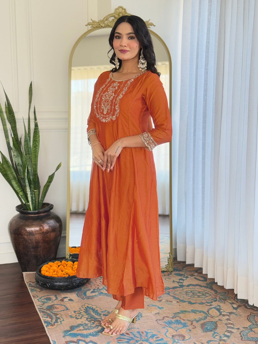 The52 Embroidered Vichitra Silk Fabric Straight Kurta, Pant and Dupatta Set | Grocsy