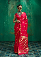 Monjolika Fashion Rani Pink Satin Silk Blend Saree with Gold Zari Buti | Grocsy