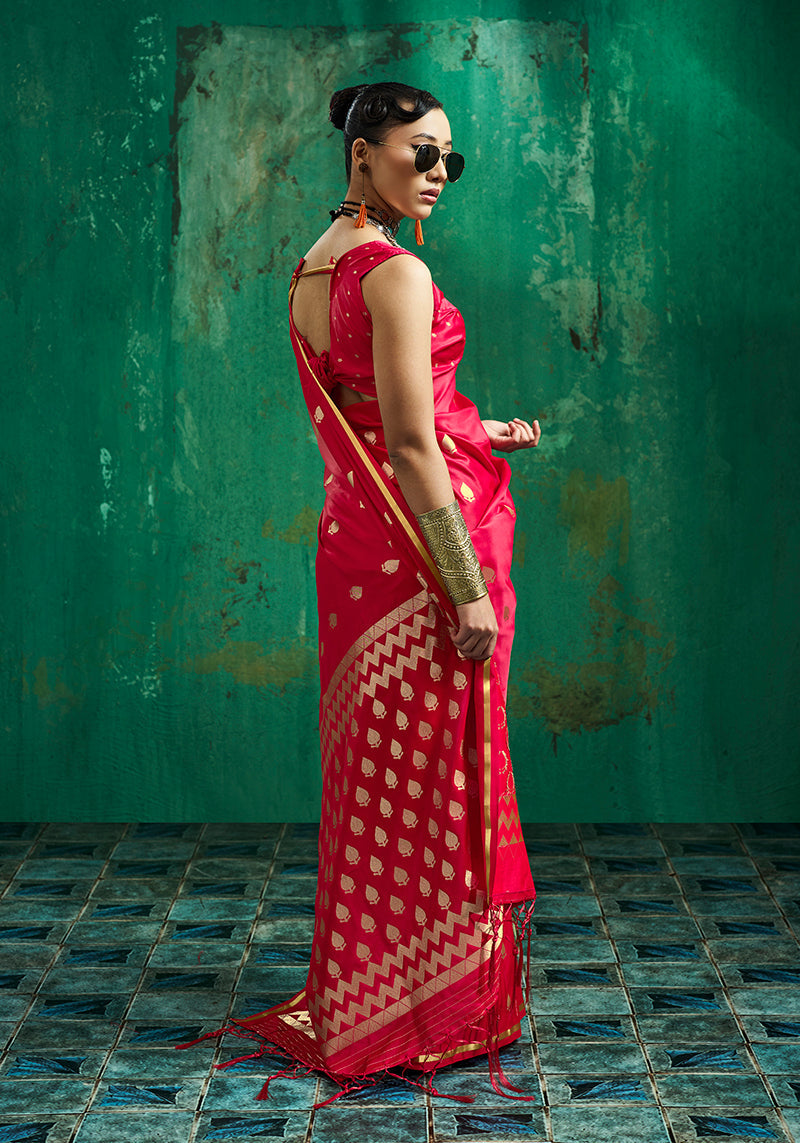 Monjolika Fashion Rani Pink Satin Silk Blend Saree with Gold Zari Buti | Grocsy