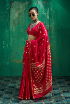 Monjolika Fashion Rani Pink Satin Silk Blend Saree with Gold Zari Buti | Grocsy