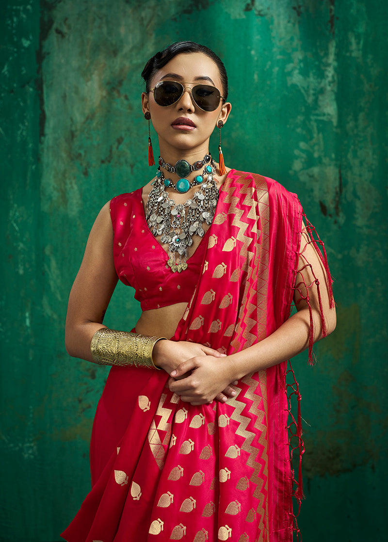 Monjolika Fashion Rani Pink Satin Silk Blend Saree with Gold Zari Buti | Grocsy