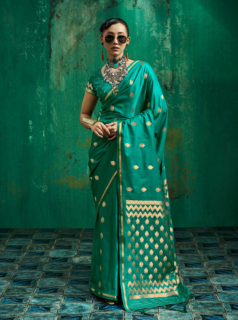 Monjolika Fashion Teal Green Satin Silk Blend Saree with Gold Zari Buti | Grocsy
