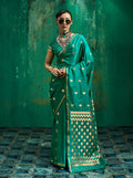 Monjolika Fashion Teal Green Satin Silk Blend Saree with Gold Zari Buti | Grocsy