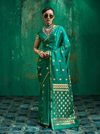 Monjolika Fashion Teal Green Satin Silk Blend Saree with Gold Zari Buti | Grocsy