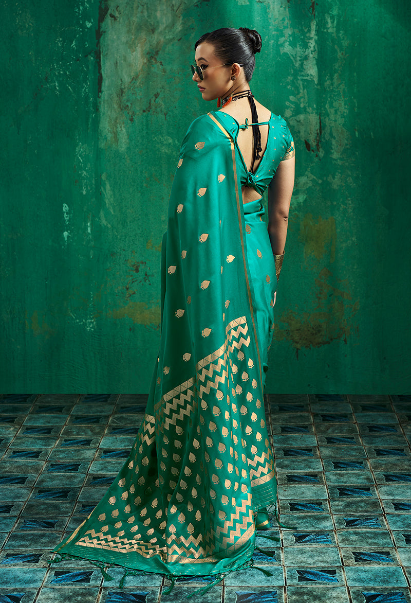 Monjolika Fashion Teal Green Satin Silk Blend Saree with Gold Zari Buti | Grocsy