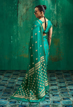 Monjolika Fashion Teal Green Satin Silk Blend Saree with Gold Zari Buti | Grocsy
