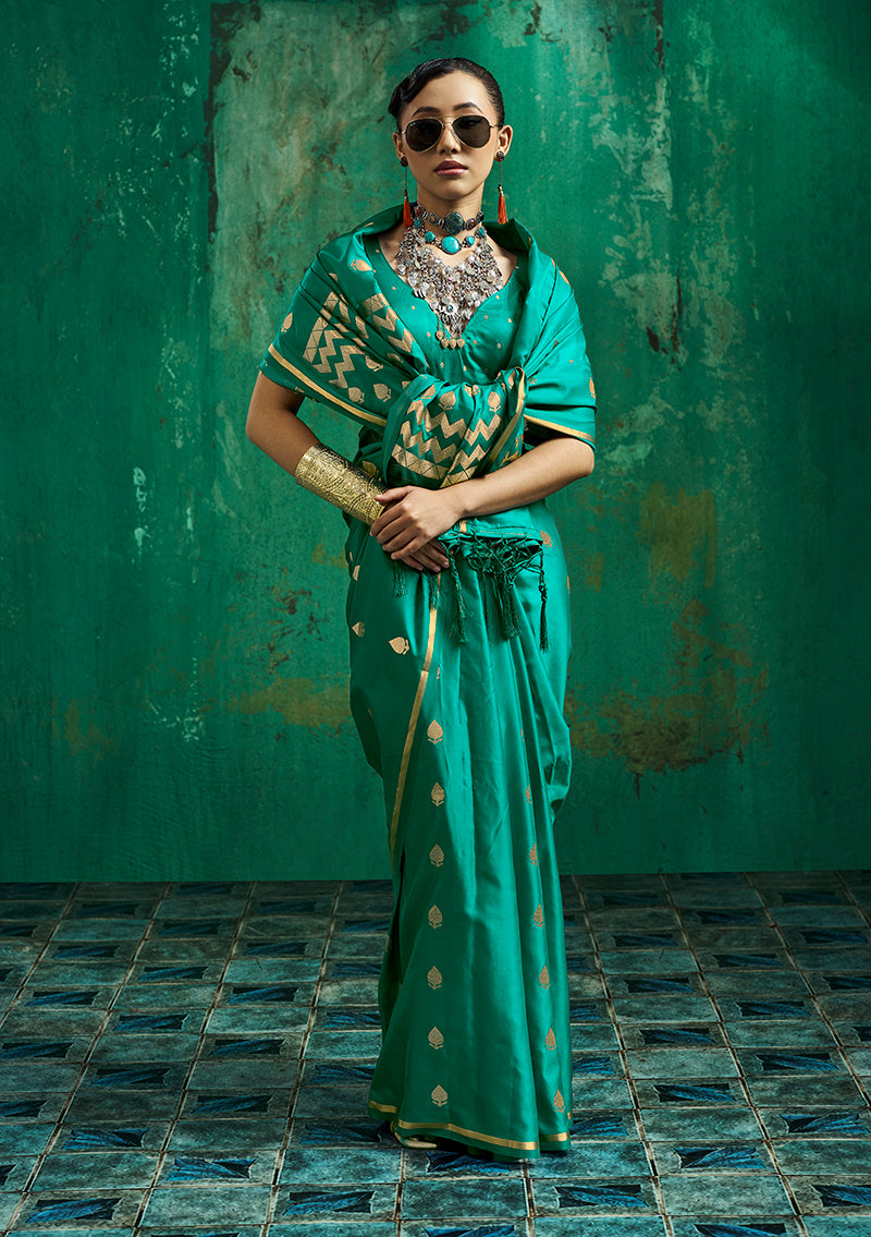 Monjolika Fashion Teal Green Satin Silk Blend Saree with Gold Zari Buti | Grocsy