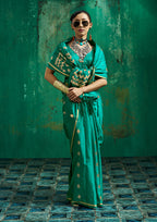 Monjolika Fashion Teal Green Satin Silk Blend Saree with Gold Zari Buti | Grocsy