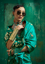 Monjolika Fashion Teal Green Satin Silk Blend Saree with Gold Zari Buti | Grocsy