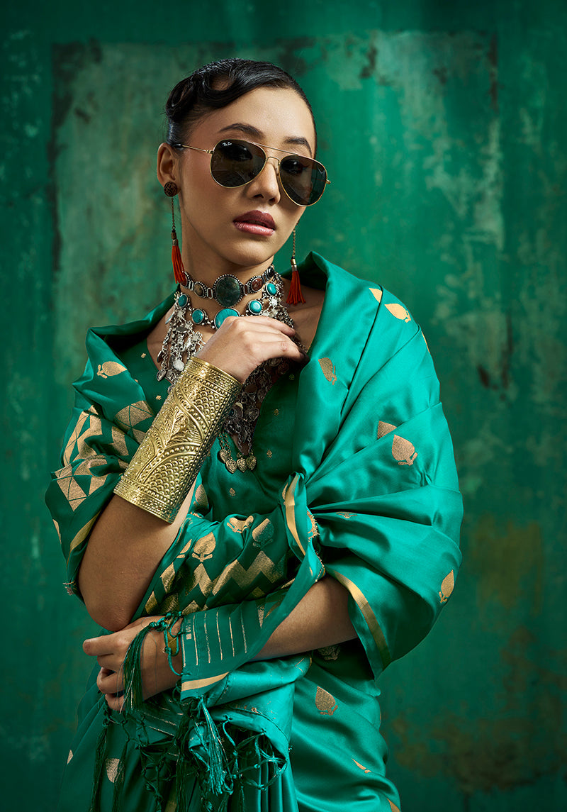 Monjolika Fashion Teal Green Satin Silk Blend Saree with Gold Zari Buti | Grocsy
