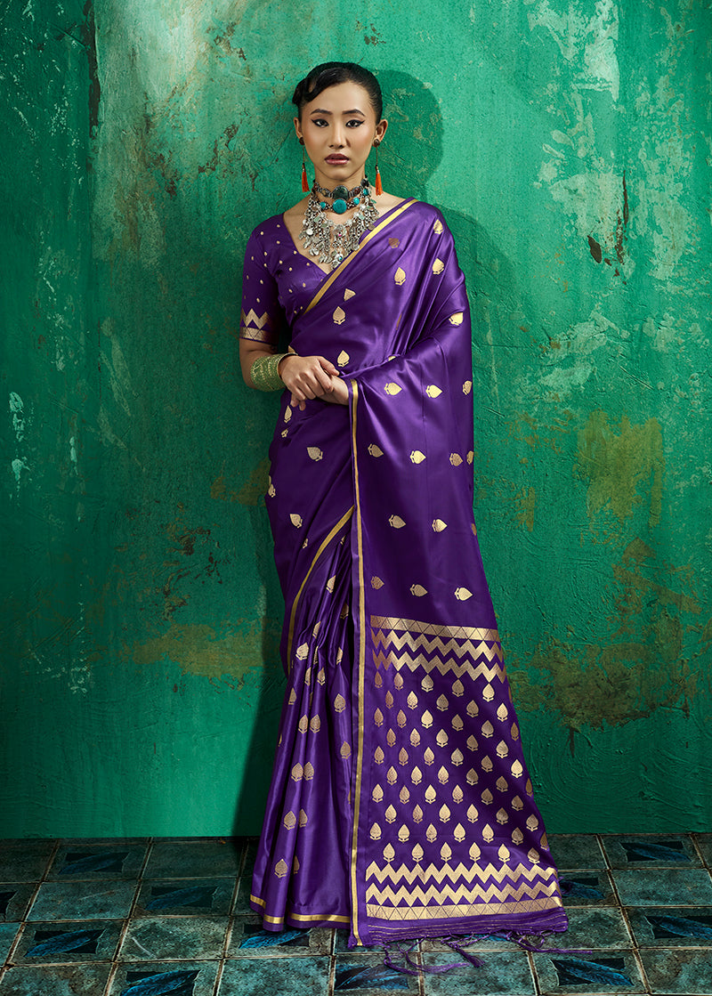 Monjolika Fashion Violet Satin Silk Blend Saree with Gold Zari Buti | Grocsy