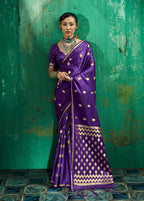 Monjolika Fashion Violet Satin Silk Blend Saree with Gold Zari Buti | Grocsy