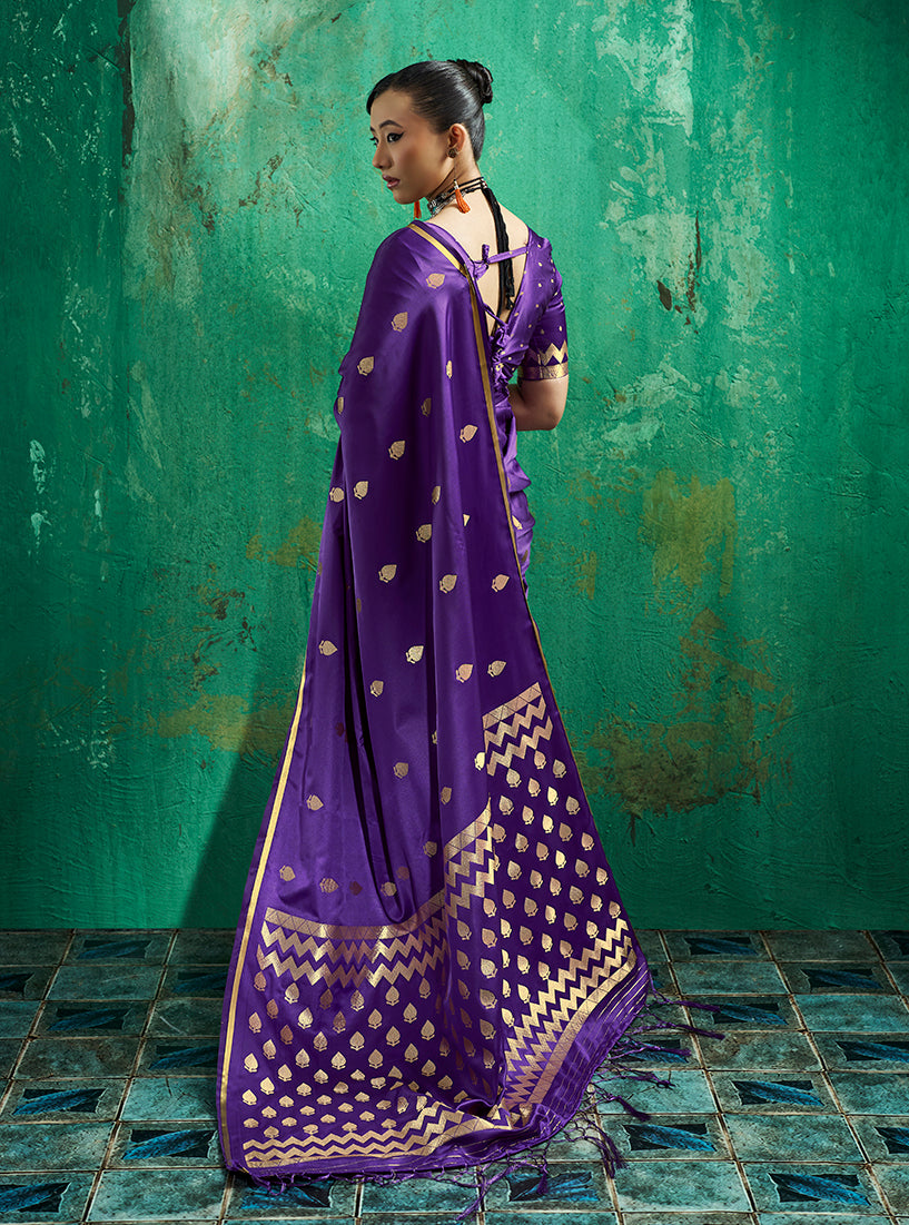 Monjolika Fashion Violet Satin Silk Blend Saree with Gold Zari Buti | Grocsy