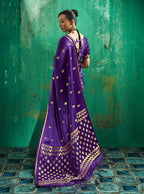 Monjolika Fashion Violet Satin Silk Blend Saree with Gold Zari Buti | Grocsy