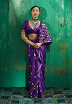 Monjolika Fashion Violet Satin Silk Blend Saree with Gold Zari Buti | Grocsy