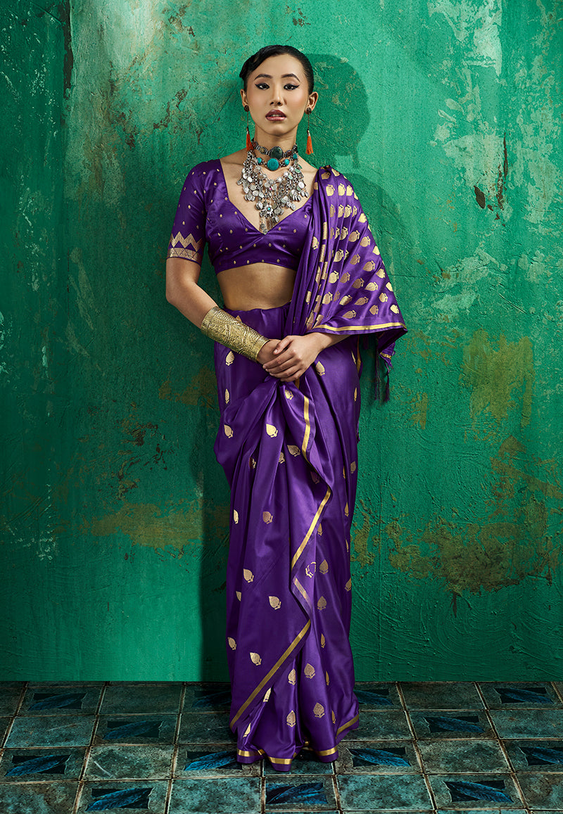 Monjolika Fashion Violet Satin Silk Blend Saree with Gold Zari Buti | Grocsy