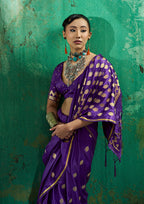 Monjolika Fashion Violet Satin Silk Blend Saree with Gold Zari Buti | Grocsy