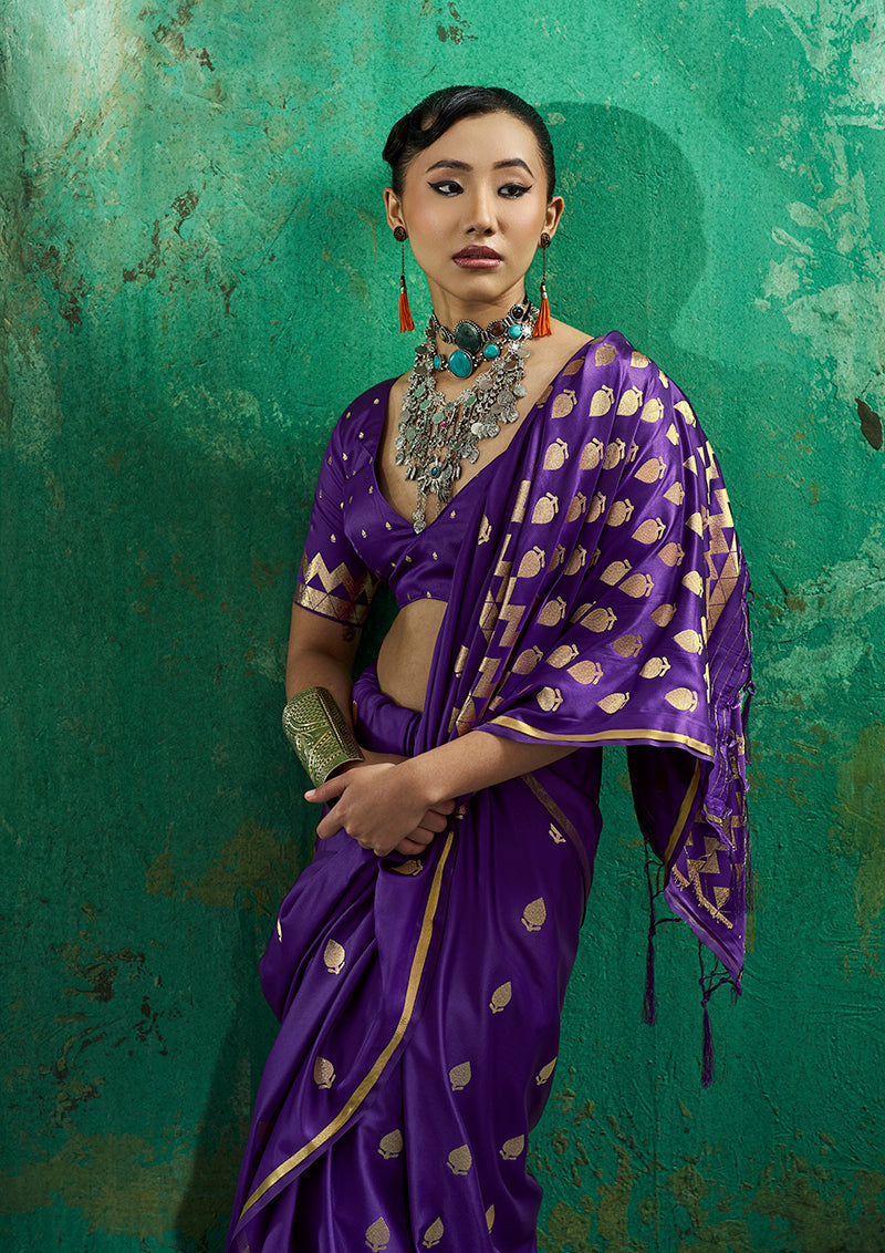 Monjolika Fashion Violet Satin Silk Blend Saree with Gold Zari Buti | Grocsy