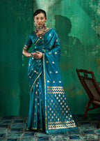 Monjolika Fashion Teal Blue Satin Silk Blend Saree with Gold Zari Buti | Grocsy
