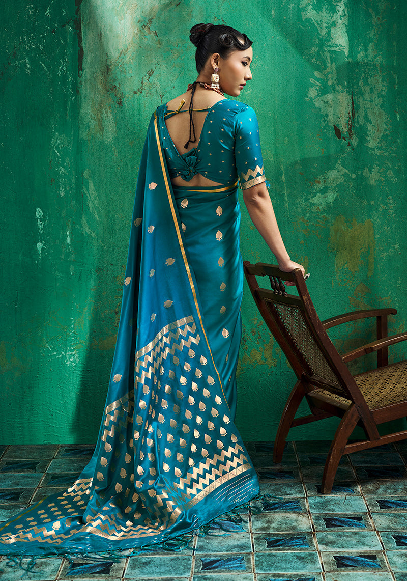Monjolika Fashion Teal Blue Satin Silk Blend Saree with Gold Zari Buti | Grocsy