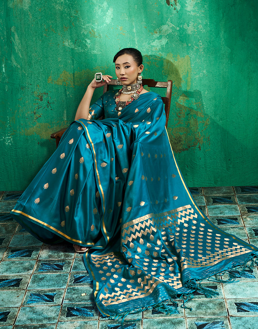 Monjolika Fashion Teal Blue Satin Silk Blend Saree with Gold Zari Buti | Grocsy