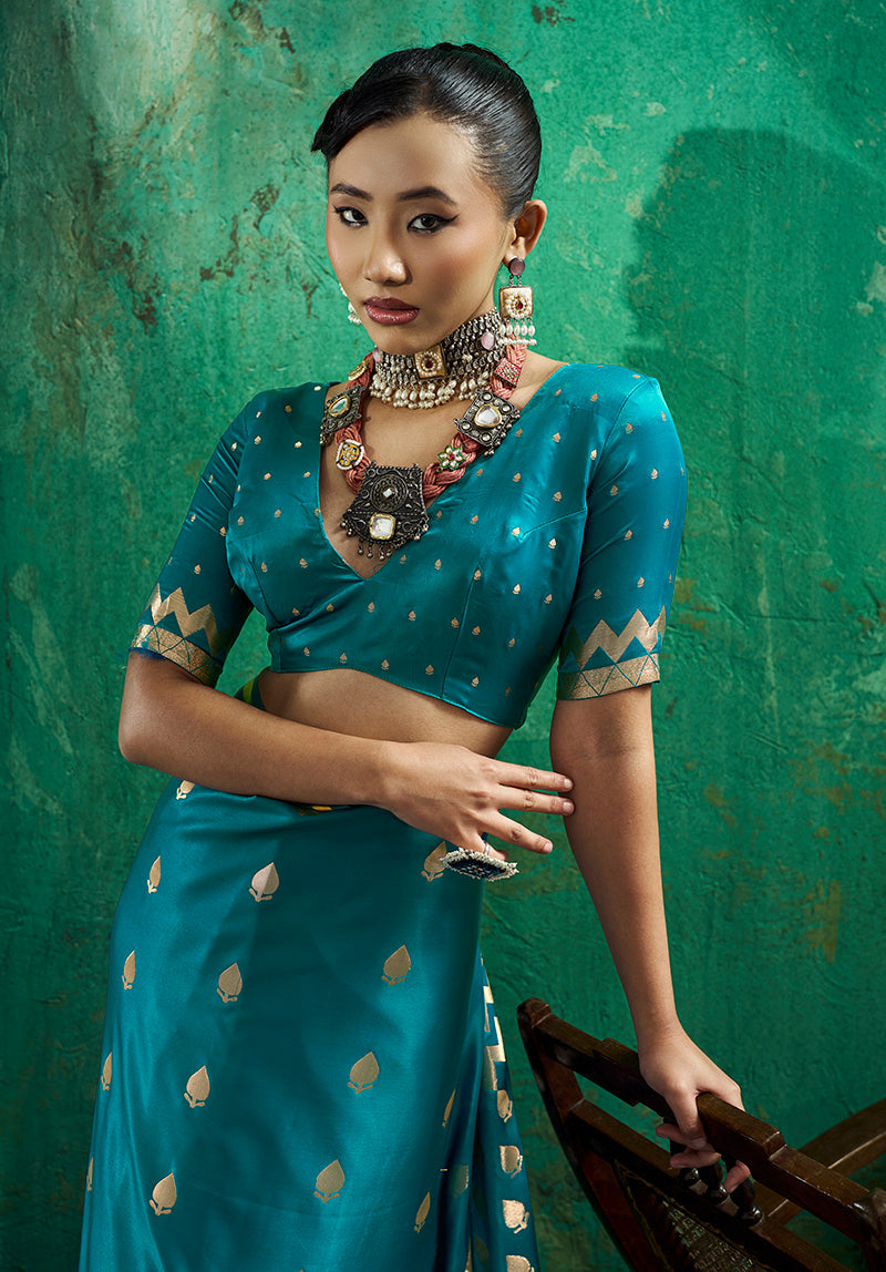 Monjolika Fashion Teal Blue Satin Silk Blend Saree with Gold Zari Buti | Grocsy
