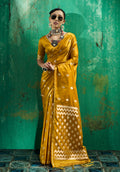 Monjolika Fashion Mustard Satin Silk Blend Saree with Gold Zari Buti | Grocsy