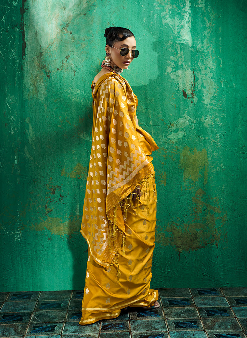 Monjolika Fashion Mustard Satin Silk Blend Saree with Gold Zari Buti | Grocsy