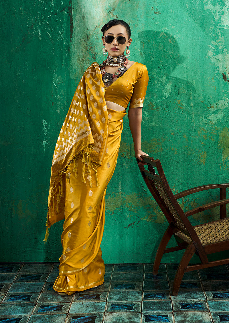 Monjolika Fashion Mustard Satin Silk Blend Saree with Gold Zari Buti | Grocsy
