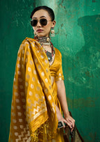 Monjolika Fashion Mustard Satin Silk Blend Saree with Gold Zari Buti | Grocsy