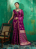 Monjolika Fashion Dark Wine Satin Silk Blend Saree with Gold Zari Buti | Grocsy