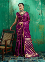 Monjolika Fashion Dark Wine Satin Silk Blend Saree with Gold Zari Buti | Grocsy