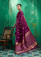 Monjolika Fashion Dark Wine Satin Silk Blend Saree with Gold Zari Buti | Grocsy