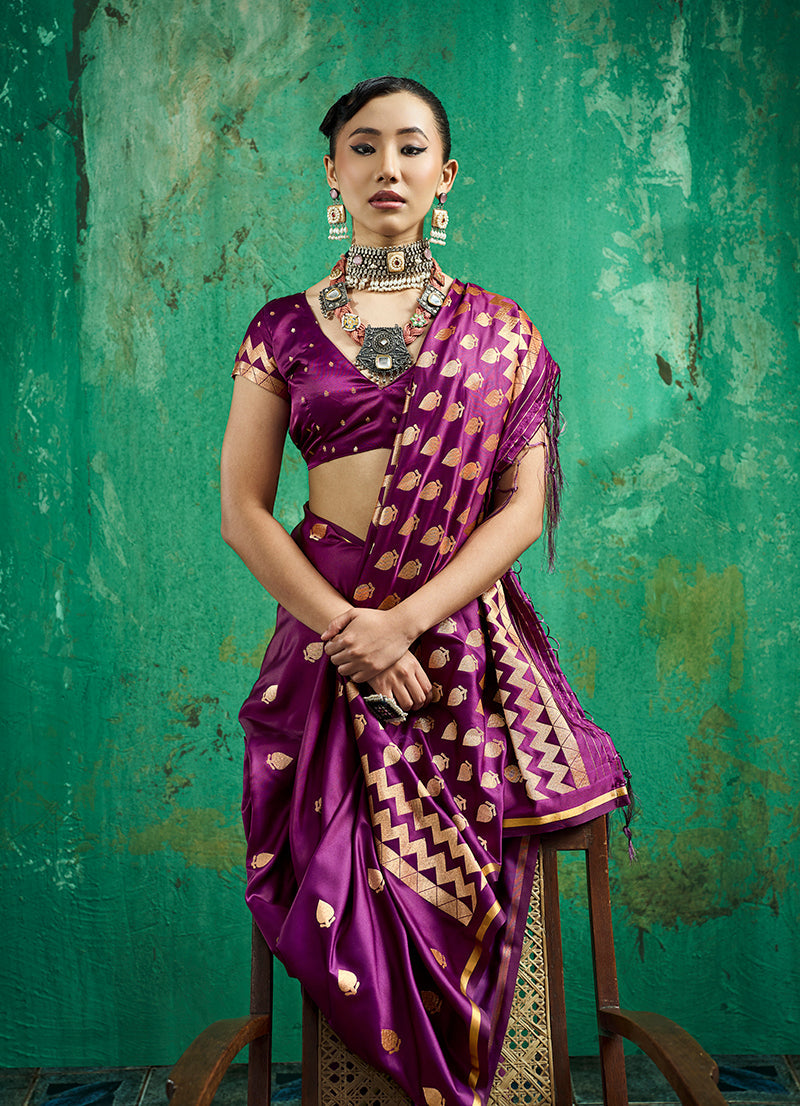Monjolika Fashion Dark Wine Satin Silk Blend Saree with Gold Zari Buti | Grocsy