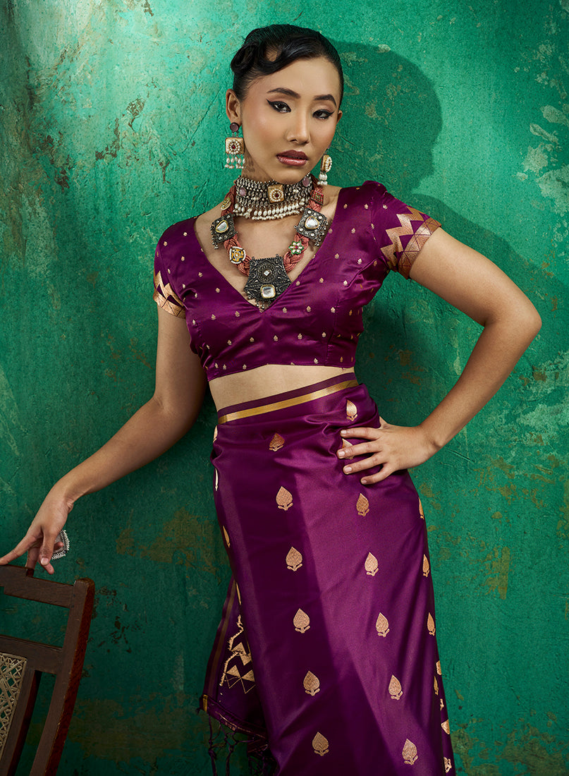 Monjolika Fashion Dark Wine Satin Silk Blend Saree with Gold Zari Buti | Grocsy