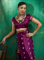 Monjolika Fashion Dark Wine Satin Silk Blend Saree with Gold Zari Buti | Grocsy