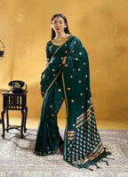 Monjolika Fashion Dark Teal Green Satin Silk Blend Saree with Gold Zari Buti | Grocsy