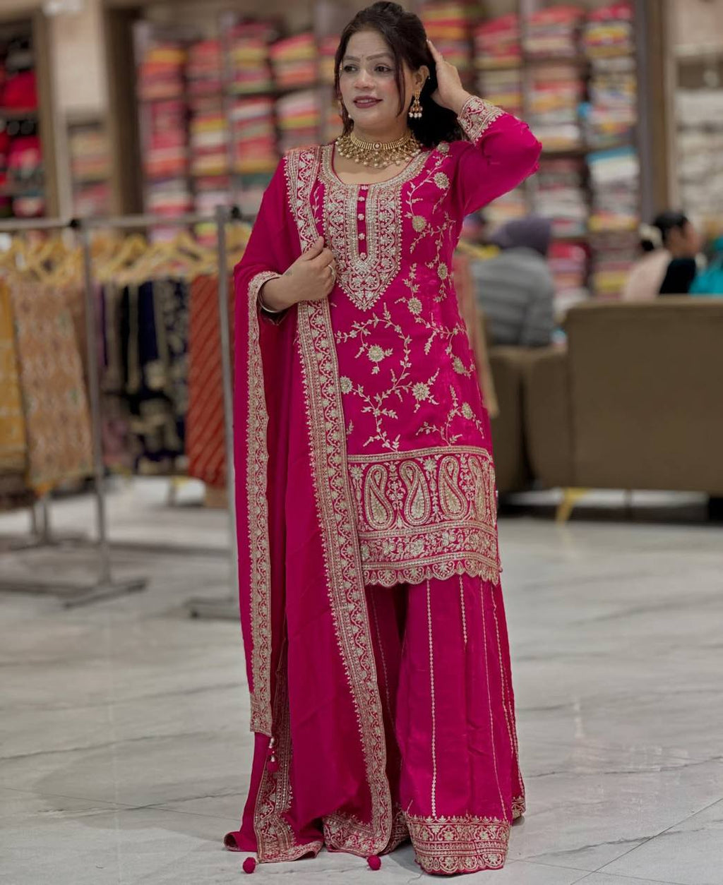 Yash Enterprise Pink Chinon Silk Party Wear Embroidery Suit Set | Grocsy