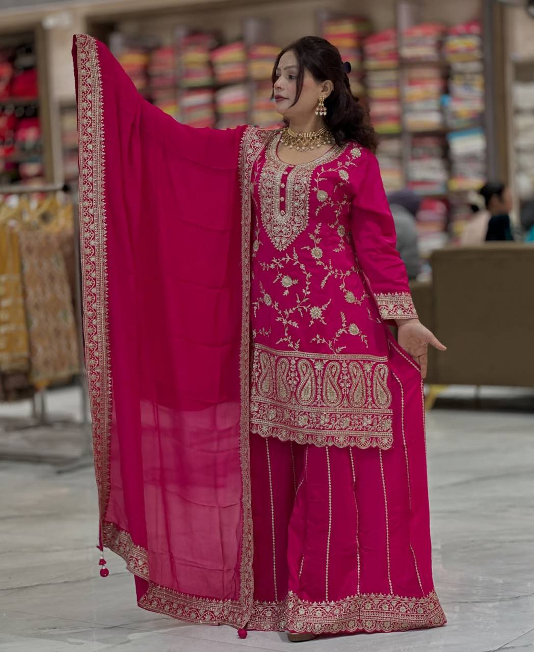Yash Enterprise Pink Chinon Silk Party Wear Embroidery Suit Set | Grocsy
