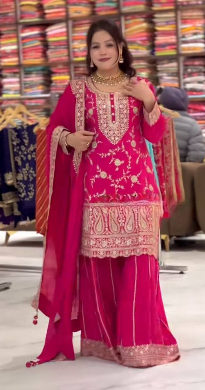 Yash Enterprise Pink Chinon Silk Party Wear Embroidery Suit Set | Grocsy